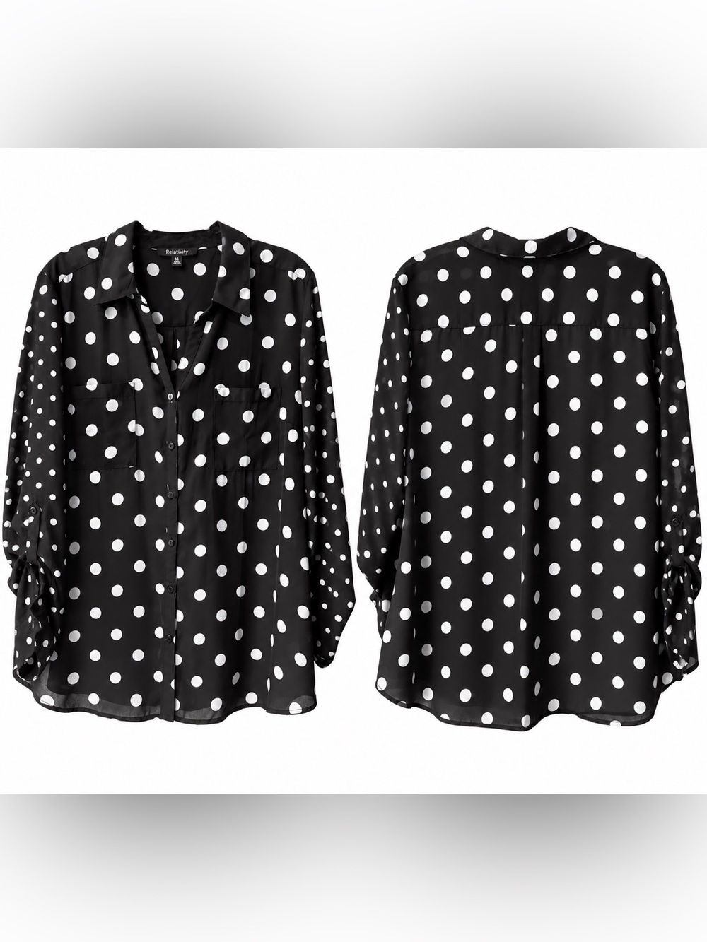 Relativity XL Black & White Polka Dot Button Front Blouse | Roll Tab Sleeves